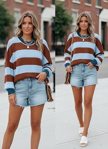 ETCYY Womens Oversized Sweaters Fall 2025 Fashion Clothes Trendy Batwing Sleeve Colorblock Striped Knit Pullover Tops thumbnail 3