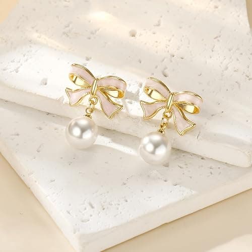 JIAOGE Easter Gifts for Kids Teen Girls - Gold Earrings for Women Girls Bow Earring Jewelry Huggie Hoop Stud Earrings Hypoallergenic CZ Pearl Drop Bow Earring Gifts for Girls Wedding Birthday Gifts thumbnail 6