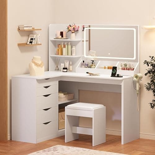 Furmax Vanity Desk with Mirror, L Shape Vanity, LED Lighted Mirror, with Power Outlet and 3 Storage Shelves, Makeup Table with 5 Drawers, 3 Color Modes, for Bedroom(White) thumbnail 7