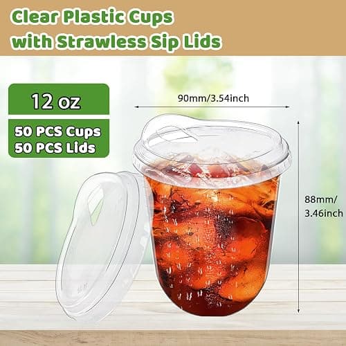 Alaeseje 50 Pack Clear Plastic Cups with Strawless Sip Lids,12 oz Iced Coffee Cups with Lids,Disposable PET Crystal Cups,Round Bottom To Go Cup for Iced Coffee Juice Smoothie Cold Beverage thumbnail 3