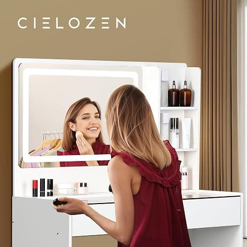 Cielozen Vanity Desk，Transparent Desktop, Multiple Color Ambient Lights, with Mirror and Tri Color Light Strip, Dressing Table with Charging Station, Equipped with 2 Drawers, White thumbnail 6