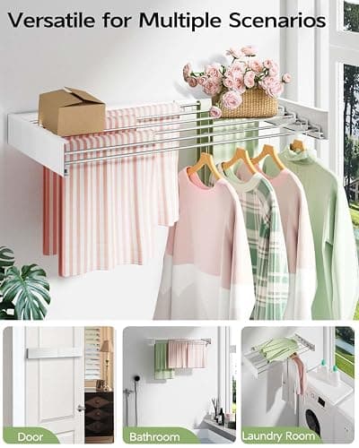 Vikaqi Wall Mounted Clothes Drying Rack 100CM, Foldable Wall Mount Laundry Rack Folding Indoor, Drying Rack Clothing Collapsible, Towel Rack with Wall Template, 6 Rods, White thumbnail 4