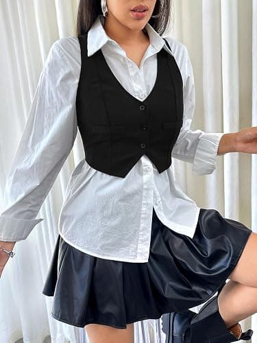 SweatyRocks Women's Solid Button Front Crop Waistcoat V Neck Sleeveless Blazers Vest Tops thumbnail 5