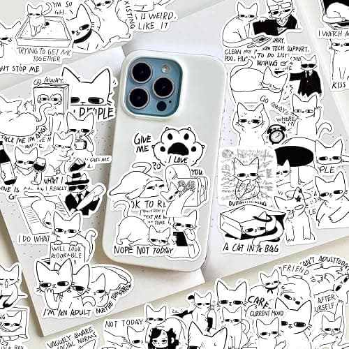 50PCS Funny Black White Cat Meme Stickers for Adults – Cute Emotional Cats Vinyl Decals for Laptop, Water Bottle, Phone Case, Scrapbook, Notebook, Journal – Aesthetic Waterproof Sticker Pack thumbnail 2