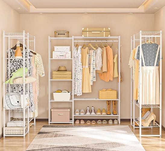 Neprock Clothing Racks for Hanging Clothes with Shelves, Portable Closet System Organizer Garment Rack for Clothes Storage, Metal Free Standing Wardrobe Clothes Organizer(White) thumbnail 7