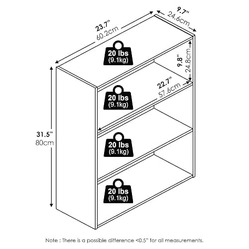 Furinno PASIR Book Shelf, 3-Tier Bookshelf, Storage Shelves Bookcase, 9.7 x 23.7 x 31.5, for Living Room, Bedroom, Home Office, Plain White thumbnail 4