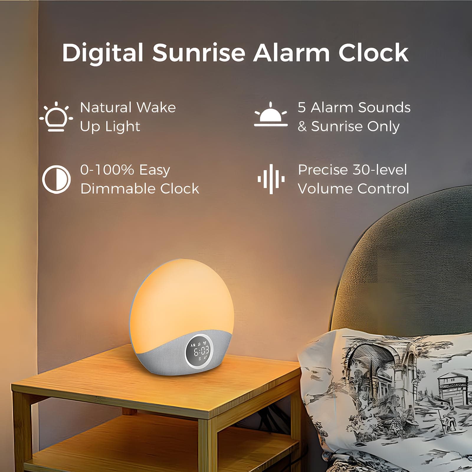 Omebel Sunrise Alarm Clock & White Noise Machine 2-in-1, 30 Soothing Sound for Sleeping, 8 Night Light, Memory Function, Sunrise Alarm Wake Up Lights, Sound Machine for Baby Sleeping Bedroom Decor thumbnail 6