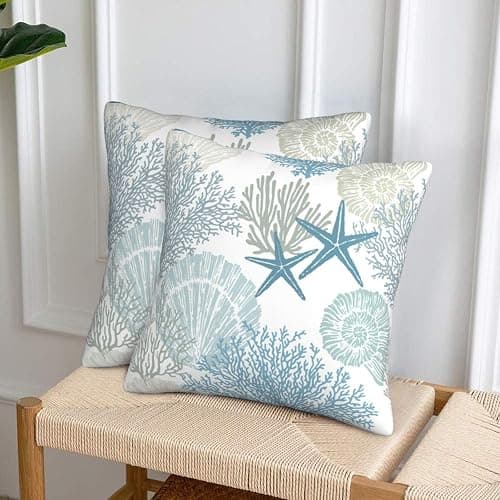Tebjh Nautical Coastal Beach Pillow Covers 18x18 Set of 2, Ocean Themed Seashell Coral Starfish Throw Pillow Covers Outdoor Decorative Pillow Case for Couch Bed Sofa Cushion Home Decor thumbnail 6