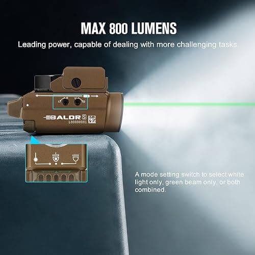 OLIGHT Baldr S 800 Lumens Compact Rail Mount Weaponlight with Green Beam and White LED Combo, Magnetic USB Rechargeable Tactical Flashlight with 1913 or GL Rail, Battery Included (Desert Tan) thumbnail 4