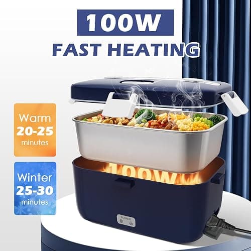 COZYEXPERT 100W Electric Lunch Box Food Heated 12V 24V 110V Fast Food Warmer Heater for Car/Truck/Home Portable Food Heating Boxes with 1.8L 304 SS Container 0.45L Compartment(Royal Blue+White) thumbnail 2