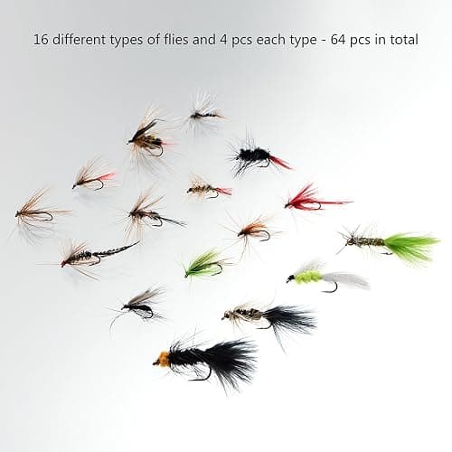 BASSDASH Fly Fishing Assorted Flies Kit, Pack of 64 pcs Including Dry and Wet Flies, Nymphs, Streamers, Terrestrials, Leeches and More, with Magnetic Fly Box thumbnail 2