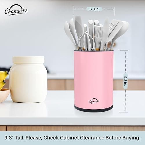 CHAMARKS 3-in-1 Kitchen Utensil Holder for countertop with Knife Block and Silverware Caddy. (Pink) thumbnail 2