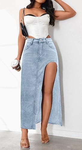CHARTOU Women's Sexy High Split Slim Fit Maxi Long Pencil Denim Jean Skirt thumbnail 2