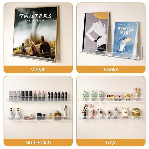 Laurensory Vinyl Record Shelf Wall Mount Shelves, 12 inch Clear Acrylic Vinyl Record Holder Display, Floating Shelves for Wall Decor, Magazine Rack, Kids Bookshelf, for Bedroom, Living Room, 6 Pack thumbnail 8