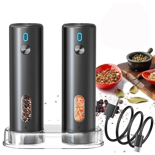 Electric Salt and Pepper Grinder Set Automatic Pepper Mill Shakers Adjustable Coarseness Easy Filling Upgraded USB Rechargeable Electric Spice Mill Set with Led (2 Pack Black/Black) - Image 1