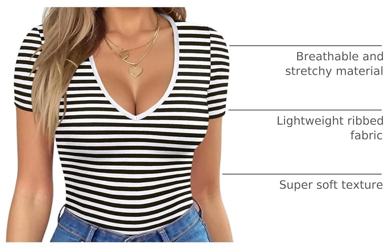 HOTOUCH Women Deep V Neck Tops Slim Fit Summer Short Sleeve T Shirts | Ribbed Knit Stretchy Material, Sexy Low Cut Basic Tee, Going Out Trendy Outfits, Fashion Clothing thumbnail 4