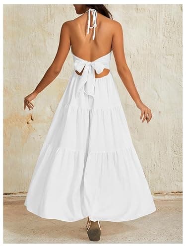 OYOANGLE Women's Summer Beach Halter Sundress Formal Wedding Guest Dress | Backless Flowy Dress, Vacation, Summer, Boho Maxi Dresses thumbnail 2