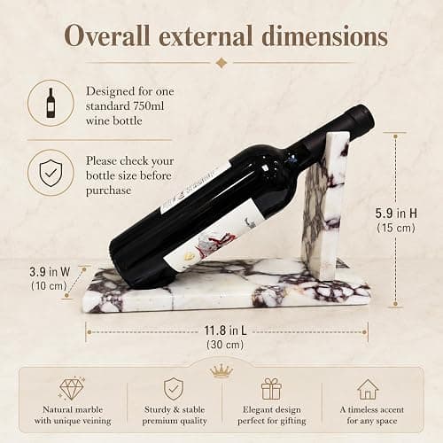 Artisanal Abode Marble Wine Holder, Single Bottle Tabletop Rack | Natural marble tabletop holder for one standard 750ml bottle; 11.8 x 3.9 x 5.9 in, for bar, counter, or dining decor. thumbnail 2