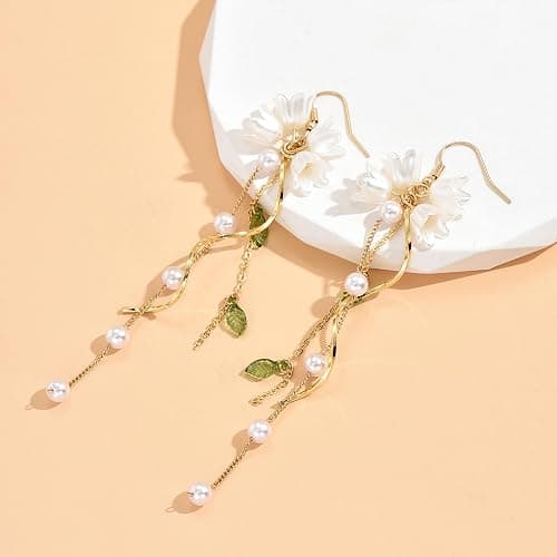 Aishgjia Dangle Flower Leaf Earring White Fairy Flower Summer Dangling Long Tassel Earrings Lily Of The Valley Earrings Jewelry thumbnail 7