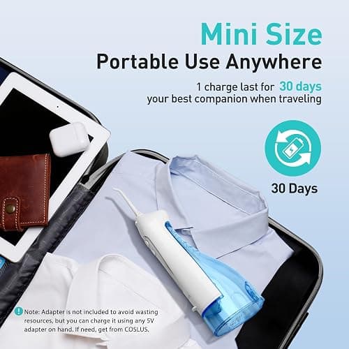 COSLUS Water Dental Flosser Teeth Pick: Portable Cordless Oral Irrigator 300ML Rechargeable Travel Irrigation Cleaner IPX7 Waterproof Electric Flossing Machine for Teeth Cleaning C20(F5020E) White thumbnail 6