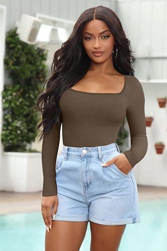 OQQ Women's 2 Piece Bodysuits Sexy Ribbed One Piece Square Neck Long Sleeve Tops thumbnail 4