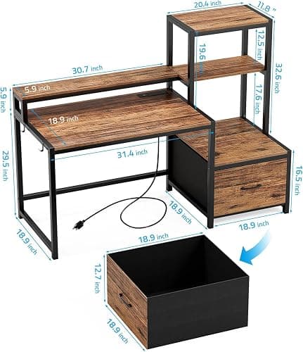 GreenForest Computer Desk with Drawers and Monitor Stand, Home Office Desk with Storage Shelves, Small Gaming Desk with Power Outlets and LED Lights for Study Writing Working, 51 inch Walnut thumbnail 3
