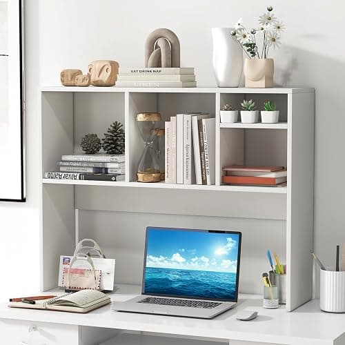 Giantex Desktop Bookshelf, Countertop Storage Hutch with 4 Shelves for Computer Desk, Dressing Tabletop Display Rack, Multipurpose Desk Hutch Storage Organizer for Home Office Dorm, White thumbnail 2