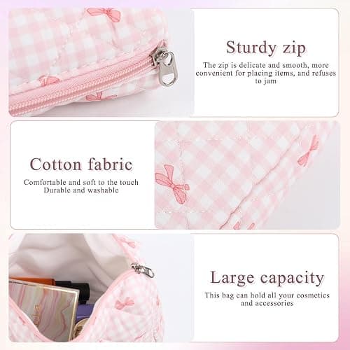 Anfly Makeup Bag, Quilted Cosmetic Bags, Large Floral Make Up Bag, Cute Makeup Bag 3PC Set for Women Girls (Pink) thumbnail 3