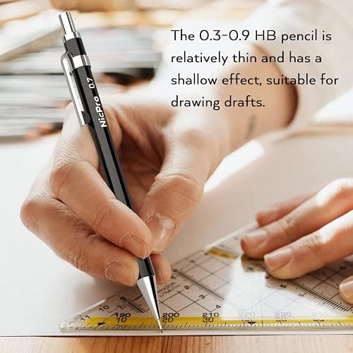 Nicpro 6 PCS Art Mechanical Pencil Set, Black Metal Drafting Pencil 0.3, 0.5, 0.7, 0.9 mm & 2PCS 2mm Graphite Lead Holder(4B 2B HB 2H) For Writing Sketching Drawing With 8 Lead Refills Eraser Case thumbnail 7