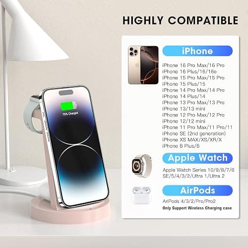 Anlmz 3 in 1 Charging Station for iPhone, Wireless Charger for iPhone 17 16e 16 15 14 13 12 11 X Pro Max & Apple Watch - Charging Stand Dock for AirPods (Pink) thumbnail 5
