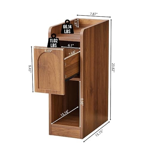 Narrow Nightstand, Slim Bedside Table with Raised Edge Top, Arched Drawer & Open Shelf, Modern Wooden Small Side End Table for Bedroom or Living Room (1, Walnut) thumbnail 2