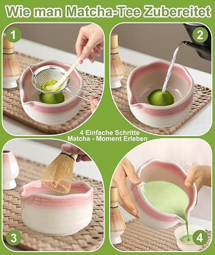 JBER Matcha Besen Set, Matcha Set 7-Teiliges - Bambus Matcha Whisk, Matcha Schale mit Auslauf, Besen Halter, Sieb, Löffel und Halter, Japanisches Matcha Kit für Matcha-Liebhaber, Farbverlauf Rosa thumbnail 5