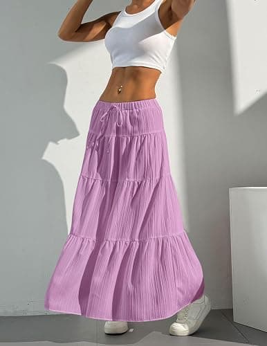 DERAX Women's Boho Flowy White Maxi Skirt Flared Ruffle Elastic Waist Summer A Line 2026 Spring Long Skirts thumbnail 6