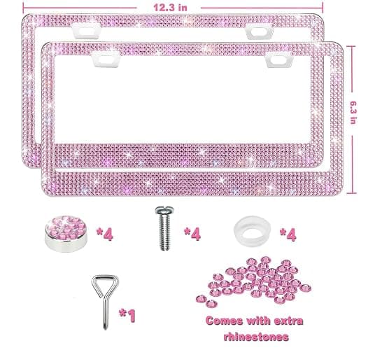 Bling License Plate Frames 2 Pack - Stainless Steel Rhinestones Car Accessories with 1200 Crystals, Universal Fit Decorative Diamond Plate Covers for Women Men All Cars -Pink thumbnail 5
