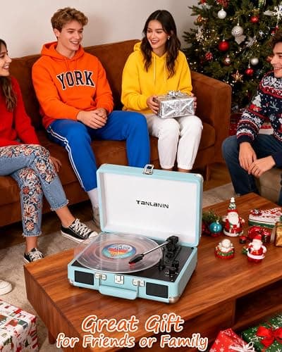 Bluetooth Suitcase Record Player with Built‑in Speakers, Bass & Treble Control, 3‑Speed Belt‑Drive Turntable with Auto‑Stop, RCA & AUX Output, Portable Vinyl Player for 33 45 78RPM LPs thumbnail 8