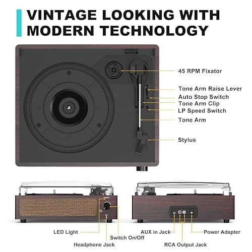 Vintage Record Player with Speakers Turntable for Vinyl Records Belt-Driven Turn Table 3-Speed Full Size Wireless Playback Headphone AUX-in RCA Line LP Vinyls Players Auto Stop Wood Red thumbnail 3