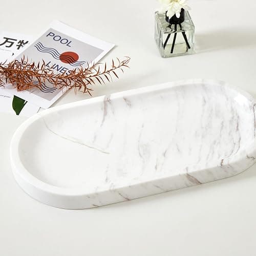Denique Natural Marble Bathroom Tray, 12"x6" Vanity Tray White Marble Decorative Tray, Countertop Organizer for Perfume & Candles, Jewelry Dish Ring Holder for Bathroom Counter, Vanity, Dresser thumbnail 4