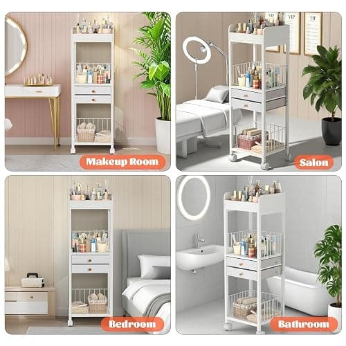 Rolling Makeup Cart Organizer, Floor Skincare Make Up Storage, Vanity Organizer with 2 Non-woven Fabric Drawers, Cosmetic Display Holder for Skin Care, Perfume, Nail Polish, Makeup Brush, Hair Tool thumbnail 7