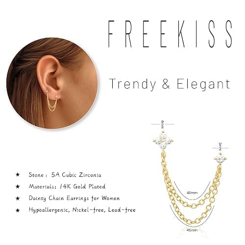 Freekiss Gold Chain Studs Earrings for Women Trendy: Hypoallergenic 14K Gold Plated Dangle Earrings Dainty Small Long Chain Earring Set Fashion Gold Jewelry for Women thumbnail 3