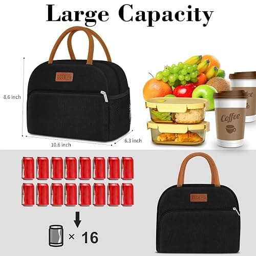 Coobiiya Lunch Box Lunch Bag for Women Men,Reusable Cute Lunch Pail bag,Leakproof,Insulated LunchBox Tote Compact 10L, Cooler Lunch Container for Work Travel Office (Black) thumbnail 3