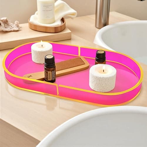 Acrylic Decorative Vanity Tray Perfume Jewelry Trinket Tray for Bathroom Counter Soap Toilet Tank Sink Small Candle Catch All Organizer, 12.6x6.3 Inches, Neon Pink thumbnail 2