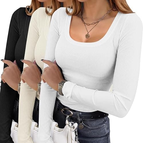 Ekouaer Womens 3 Pack Long Sleeve Shirts Square Neck Basic Ribbed Tops Tee Thermal Undershirts XS-XXL - Image 1