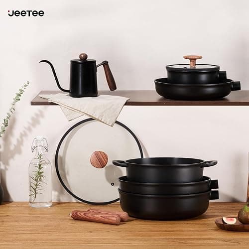JEETEE Ceramic Cookware Set, 15 PCS Pots and Pans Set Non Stick with Removable Handles, Non Toxic Induction Kitchen Cookware Sets, Dishwasher/Oven Safe PFAS/PFOA Free Black thumbnail 2