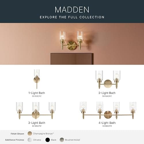 Kichler Madden 2-Light Bathroom Vanity Light Fixture with Clear Glass Shades, Modern Wall Mount Lighting in Champagne Bronze for Single or Double Vanity (10.5" x 14.25"), 55184CPZ thumbnail 10