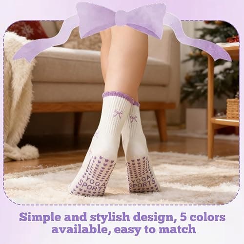 scenicamp 5 Pairs Cute Pilates Socks for Women, Ruffle Frilly Yoga Socks Non Slip Cotton Crew Socks with Embroidery Pattern thumbnail 6