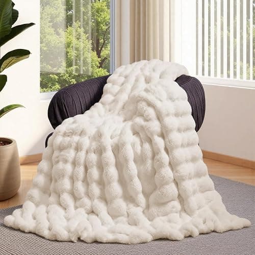 Lotus Karen Faux Fur Blanket - Cream White Twin Size, Big Bubble Rabbit Fluff, 60x80 Inches - Image 1