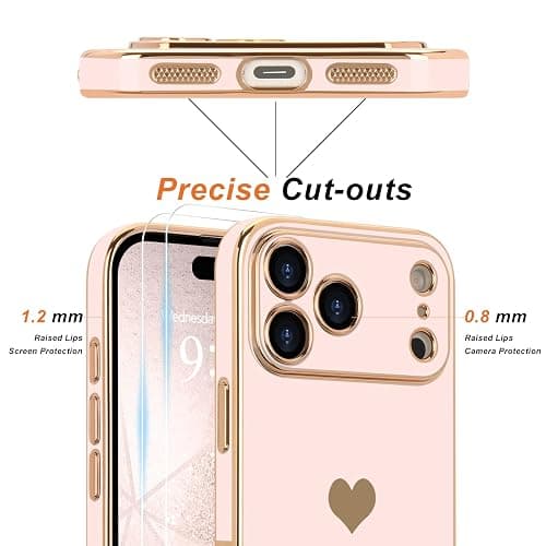 Teageo for iPhone 17 Pro Case with Screen Protector [2 Pack] Girl Women Cute Girly Love-Heart Luxury Gold Soft Cover Camera Protection Shockproof Phone Case for iPhone 17 Pro, Light Pink thumbnail 2