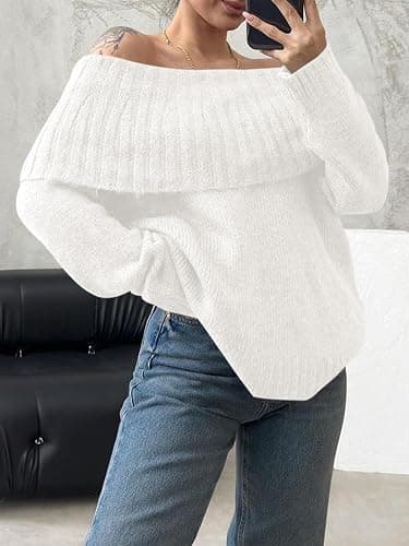 Saodimallsu Womens Off The Shoulder Sweaters Oversized Long Sleeve Loose Ribbed Knit Fall Trendy Pullover Tops thumbnail 3
