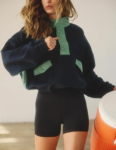 ACCPUR Quarter Button Sweatsuits Women Oversized Color Block Sweatshirts Sets Shorts Tracksuits 2025 Casual 2 Piece Outfits thumbnail 4