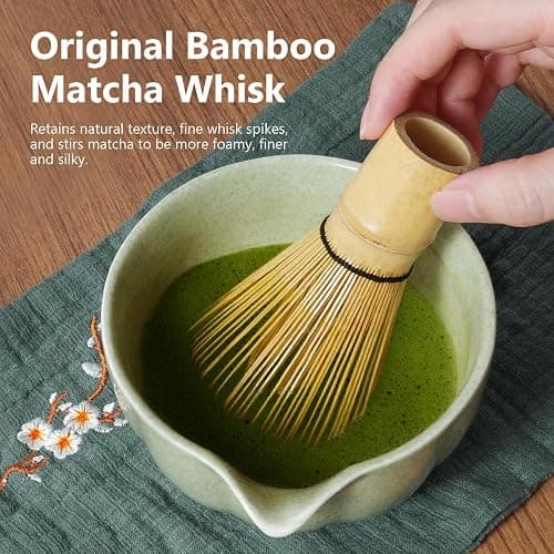 Domaci Matcha Whisk Set, 7 Pcs Japanese Matcha Kit Includes Matcha Bowl with Spout, Bamboo Whisk, Chasen Holder, Stainless Sifter, Scoop and Rest, Tea Towel, Matcha Tea Set Gift for Family/Friend thumbnail 4
